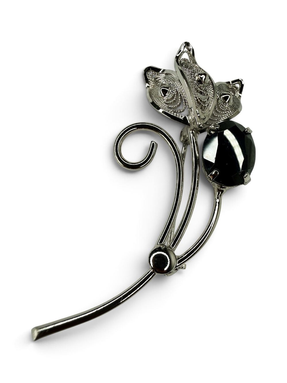 Vintage Sterling Silver Filigree Brooch With Czech Black Glass - Picture 7 of 13
